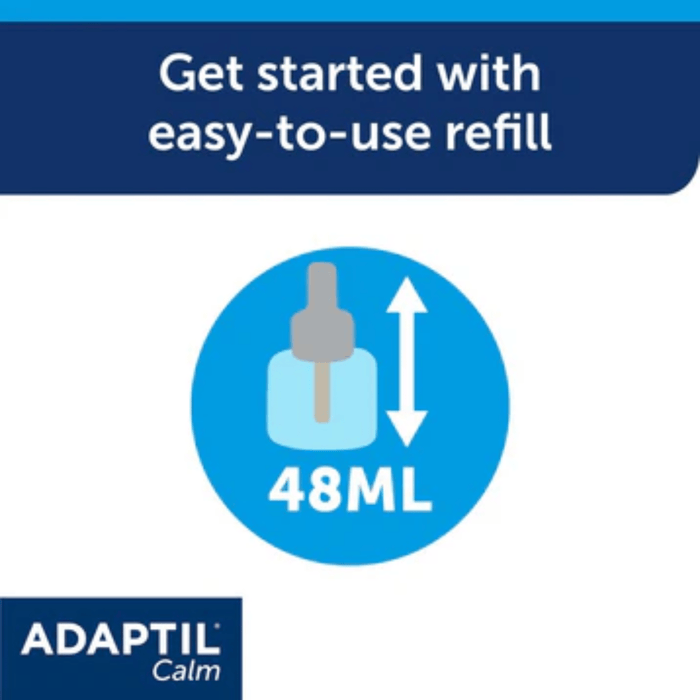 Promotional graphic for an ADAPTIL Calm refill bottle, showing a blue circular icon with a dropper bottle and a vertical arrow indicating a 48ML capacity, with the text 'Get started with easy-to-use refill' and the ADAPTIL Calm brand logo.