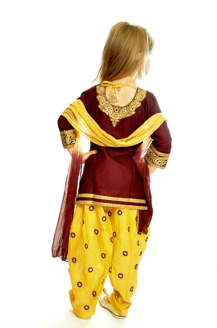 Burgundy and Banana Silk and Chiffon Girls Salwar Kameez