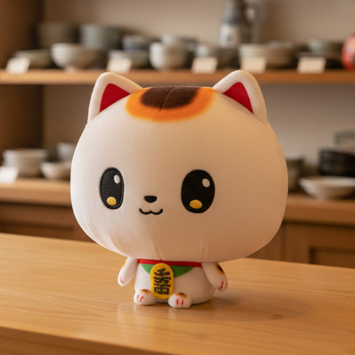Cloudheads: 5" Maneki-neko (Bao) sitting on a counter with tea shop cups and bottles in the background