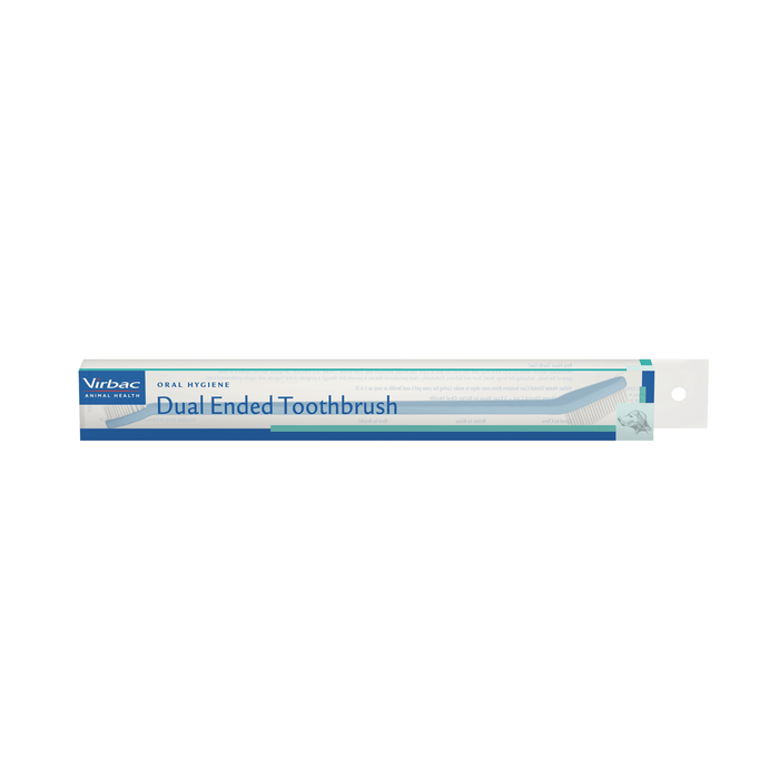 White background with box for a blue Virbac dual ended toothbrush for cats and dogs pictured.