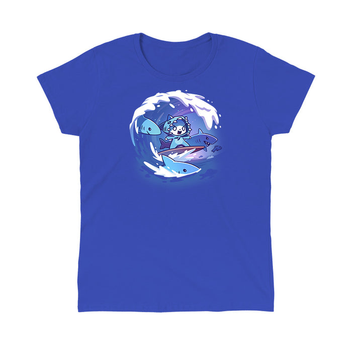 Classic Cotton T-shirt_TeeTurtle royal blue Jaw-some Waves apparel featuring a cat in a shark costume surfing on a large wave with sharks leaping among the surrounding waves.