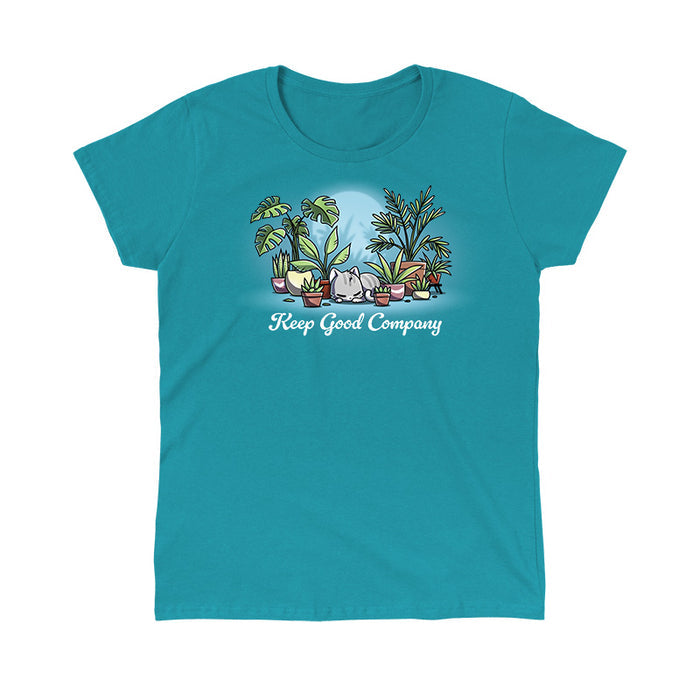 Classic Cotton T-shirt_TeeTurtle tropical blue Keep Good Company apparel featuring cat curled up among a lot of houseplants.