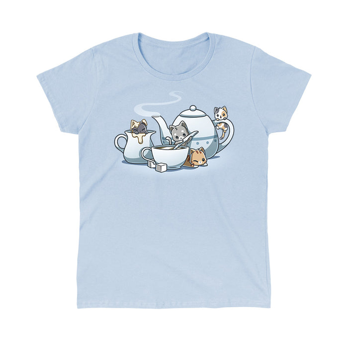 Classic Cotton T-shirt_TeeTurtle light blue Kit-tea Party apparel featuring several kittens playing on a gigantic tea set.