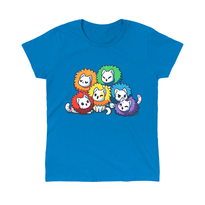 Classic Cotton T-shirt_TeeTurtle sapphire blue Kitten Pride apparel featuring white kittens with manes in different colors of the rainbow.