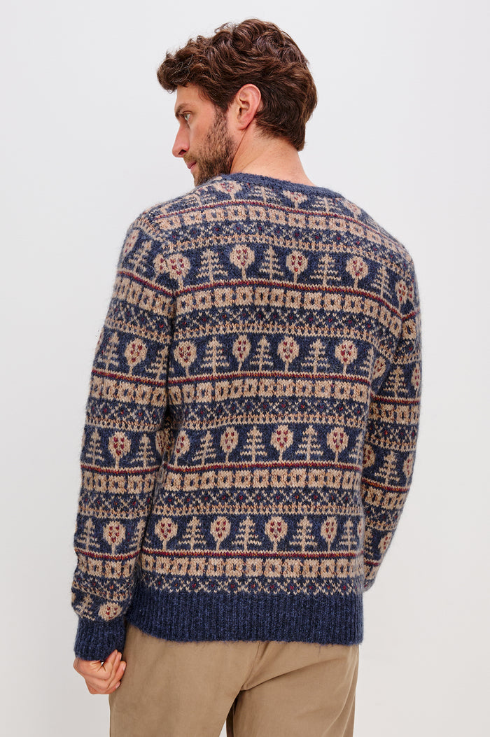 Lars Crewneck Sweater in Merino Wool Blend With Relaxed Fit With Fair Isle Motifs, Long Sleeves, and Ribbed Trim - Back Upper Body View Featured on MOdel