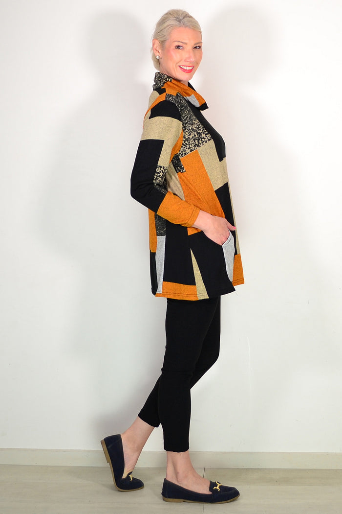 Long Orange Black Camel Tunic Top