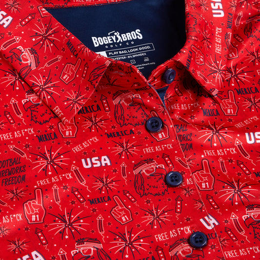 A close-up of the 'Merica - Red - Women's Polo by Bogey Bros, an athletic fit shirt with blue buttons, white patriotic graphics and phrases like USA and MERICA, plus UPF 50 protection.