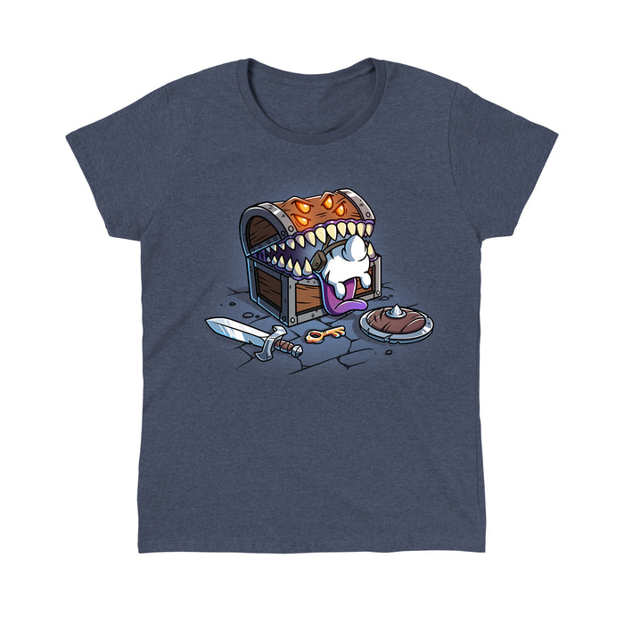 Classic Cotton T-shirt_TeeTurtle heather navy Mimic Chest apparel featuring a cat stuck inside a mimic chest with its mouth open showing lots of teeth, and a sword, shield, and key on the ground in a dungeon.