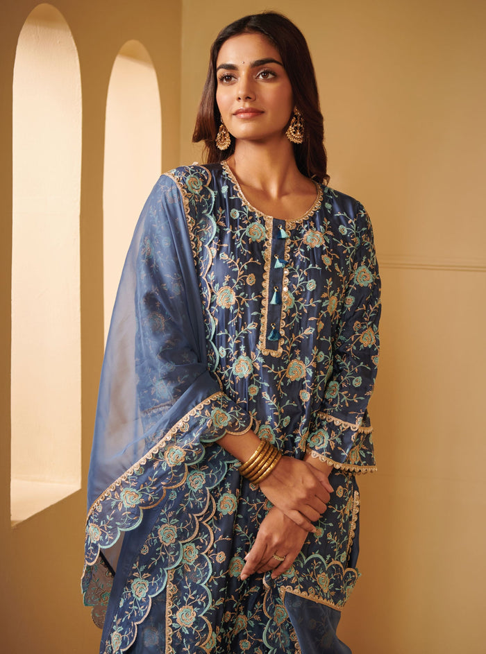 Mulmul Cupro Apti Blue Kurta