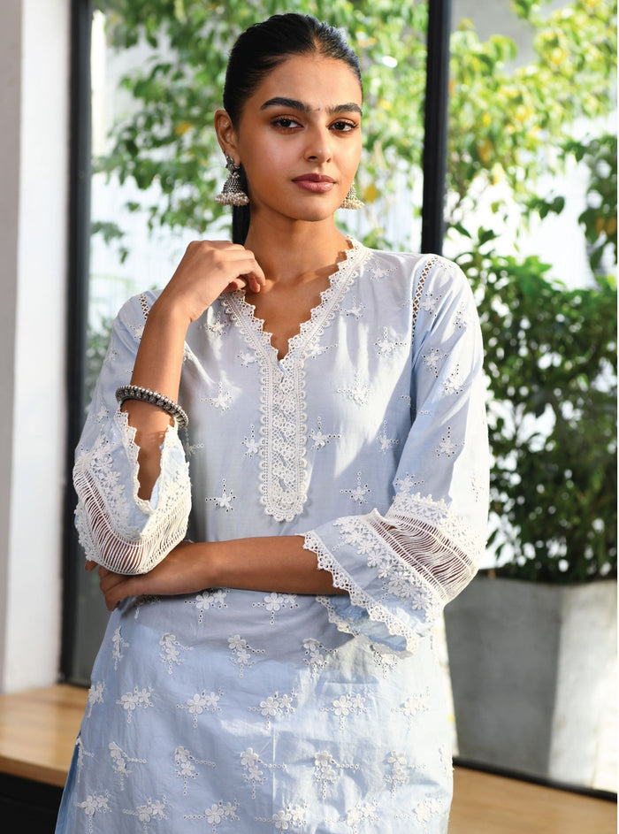 Mulmul Supima Cotton Salisbury Blue Kurta