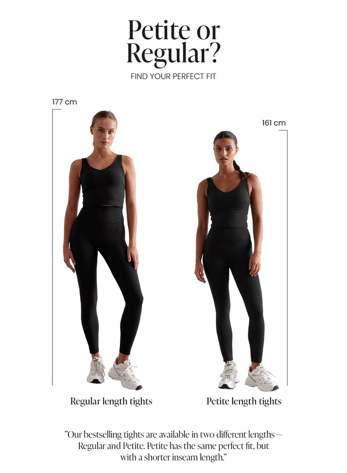 Two models wearing black aim'n Shape Seamless Tights in Regular and Petite lengths.