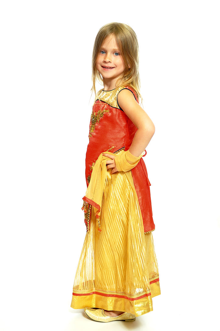 Silk Embroidered Coral Red Kids Lehenga Set