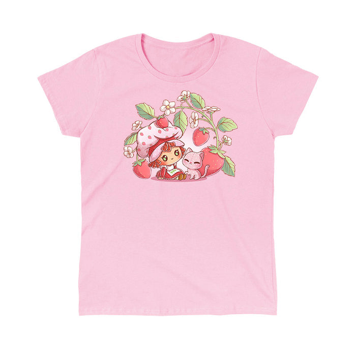 Classic Cotton T-shirt_TeeTurtle light pink Strawberry and Custard Classic Cotton T-shirt featuring Strawberry Shortcake and Custard sitting in front of a strawberry plant