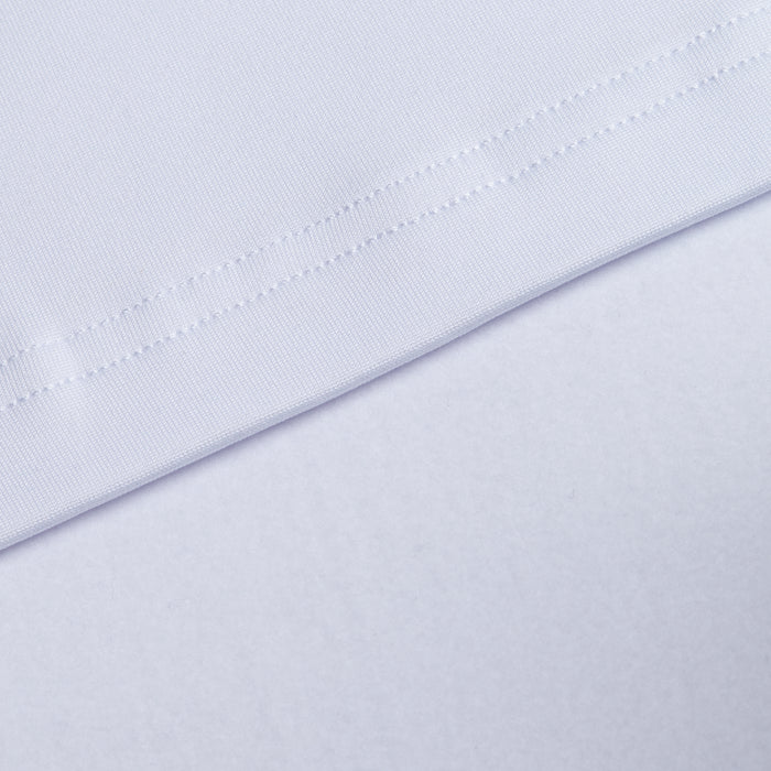 A close-up of the White - Hoodie fabric shows visible stitching along the edge, laid diagonally over a smooth, light background. The image highlights the texture and neat seam featured in this athletic fit hoodie.