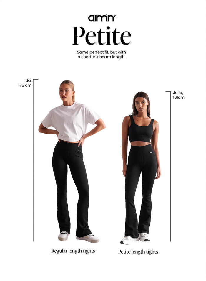 Black Ribbed Seamless Flare Tights from aim'n in regular and petite lengths for comparison.