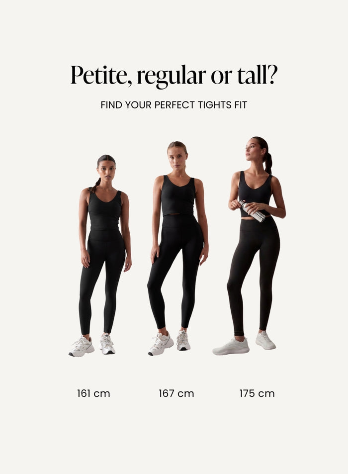 Black seamless aim'n tights in petite, regular and tall fits, shown on models of various heights. [petite-tall-CM]