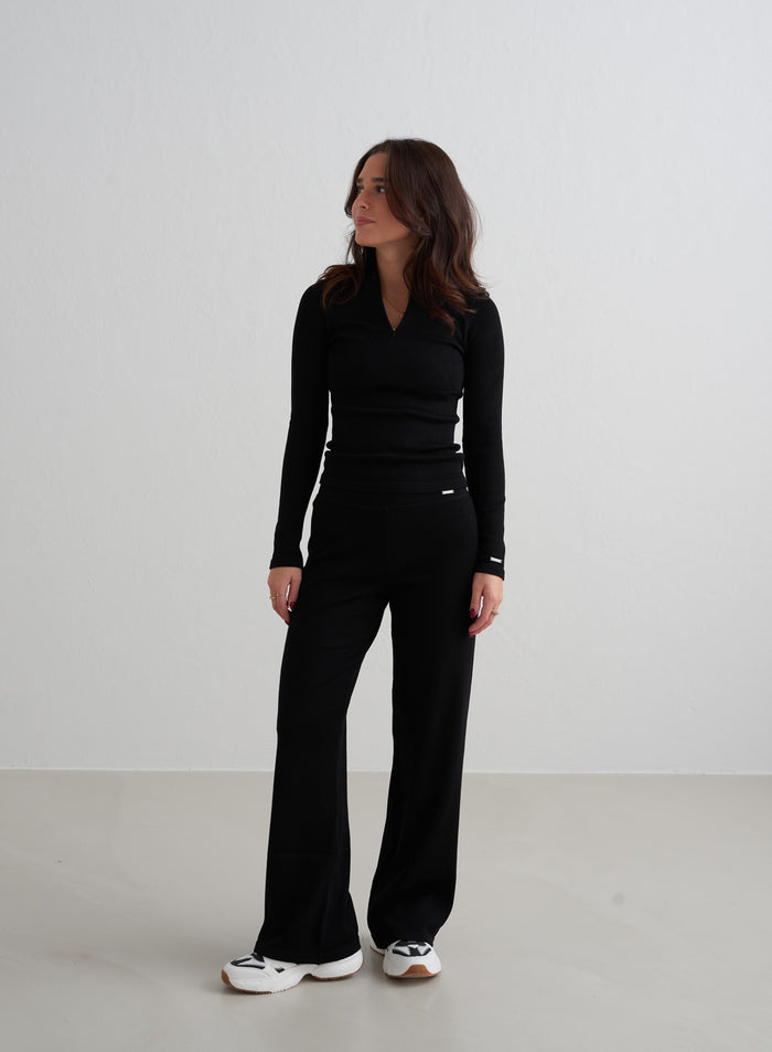 Black Ribbed Wool Petite Wide Pants by aim'n featuring a high waist and wide-leg fit [XS - 162 cm]