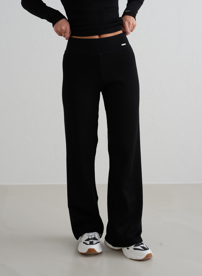 Black high-waisted Ribbed Wool Petite Wide Pants by aim'n with a soft texture and loose fit. [XS - 162 cm]