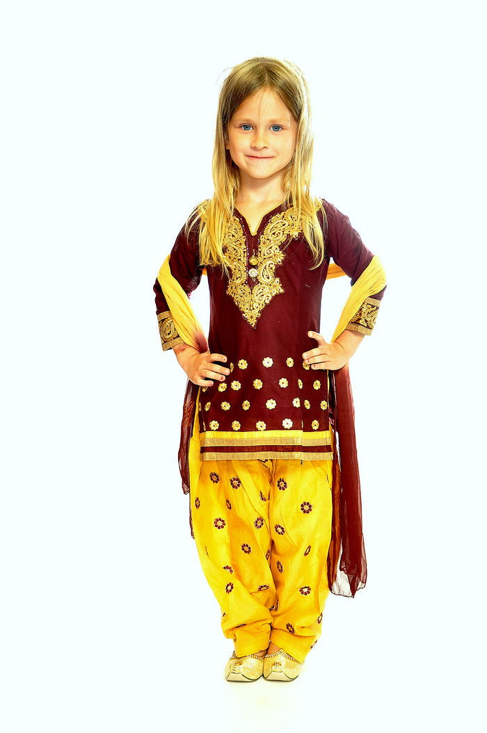 Burgundy and Banana Silk and Chiffon Girls Salwar Kameez