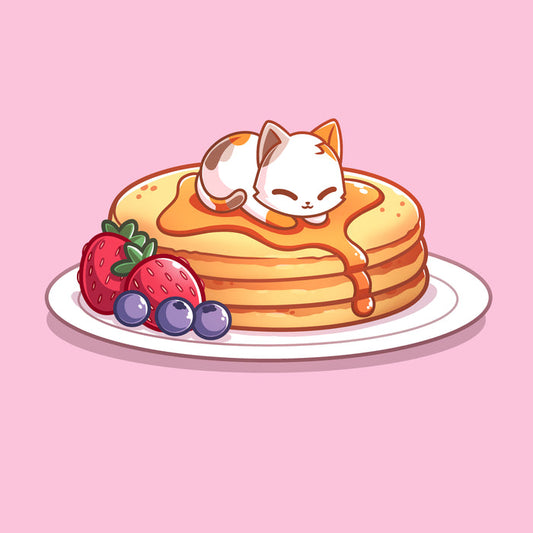 Premium Cotton T-shirt_TeeTurtle light pink Fluffy Pancakes apparel featuring a calico cat sleeping on top of a stack of syrupy pancakes with strawberries, and blueberries on the side.