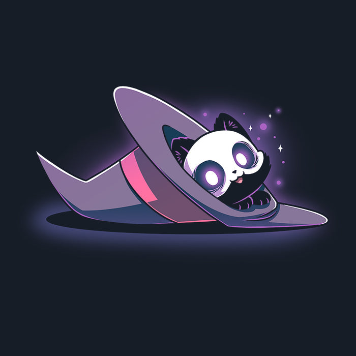 Pullover Hoodie_TeeTurtle navy blue Hocus Purrcus apparel featuring a black cat with a skeleton mask peeking out of a purple witch hat lying on its side.