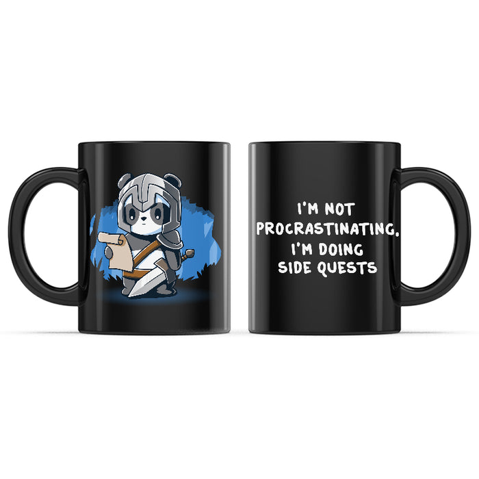 Ceramic Mug_TeeTurtle I'm Doing Side Quests black mug featuring a warrior panda holding a piece of parchment with the caption, "I'm Not Procrastinating, I'm Doing Side Quests".