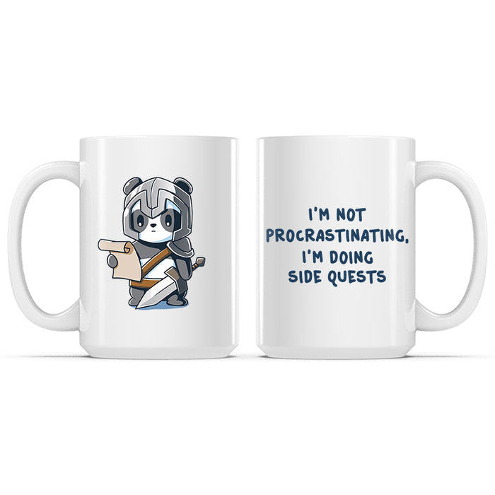 Ceramic Mug_TeeTurtle I'm Doing Side Quests white mug featuring a warrior panda holding a piece of parchment with the caption, "I'm Not Procrastinating, I'm Doing Side Quests".