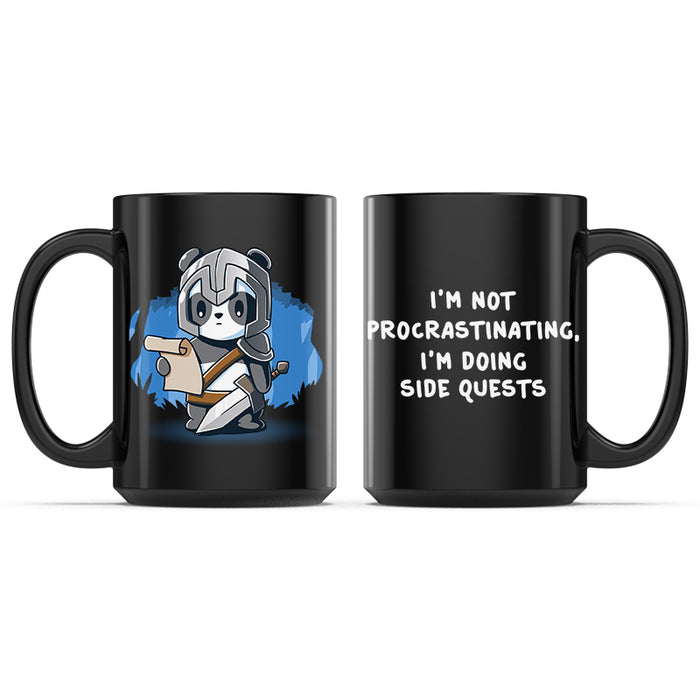 Ceramic Mug_TeeTurtle I'm Doing Side Quests black mug featuring a warrior panda holding a piece of parchment with the caption, "I'm Not Procrastinating, I'm Doing Side Quests".