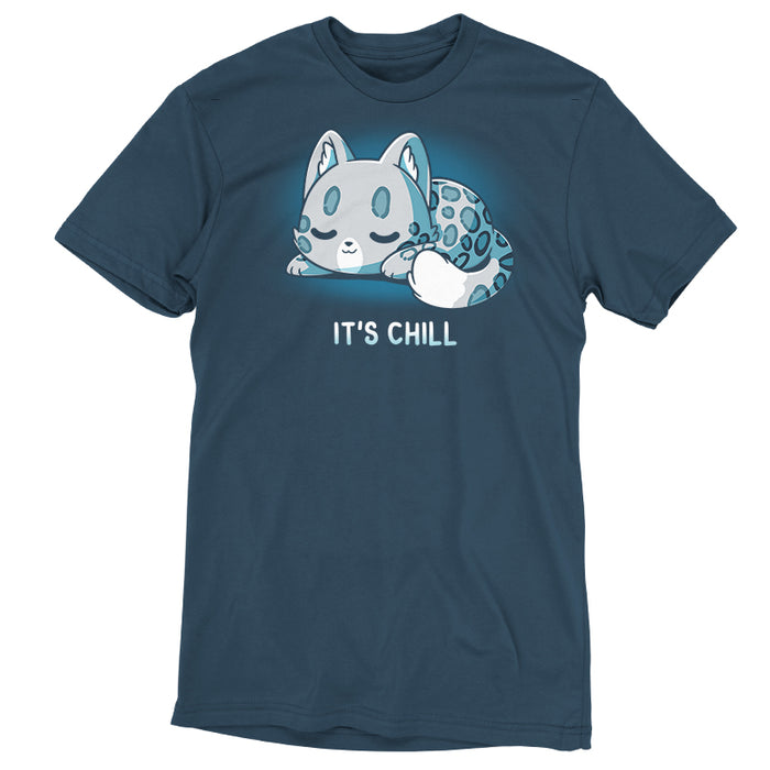 Premium Cotton T-shirt_TeeTurtle denim blue It's Chill apparel featuring a snow leopard curled up with its eyes closed.
