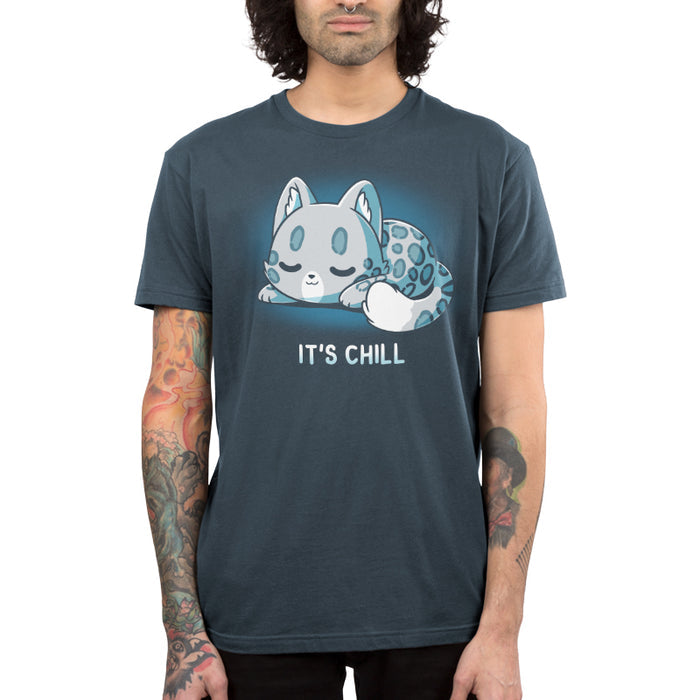 Premium Cotton T-shirt_TeeTurtle denim blue It's Chill apparel featuring a snow leopard curled up with its eyes closed.