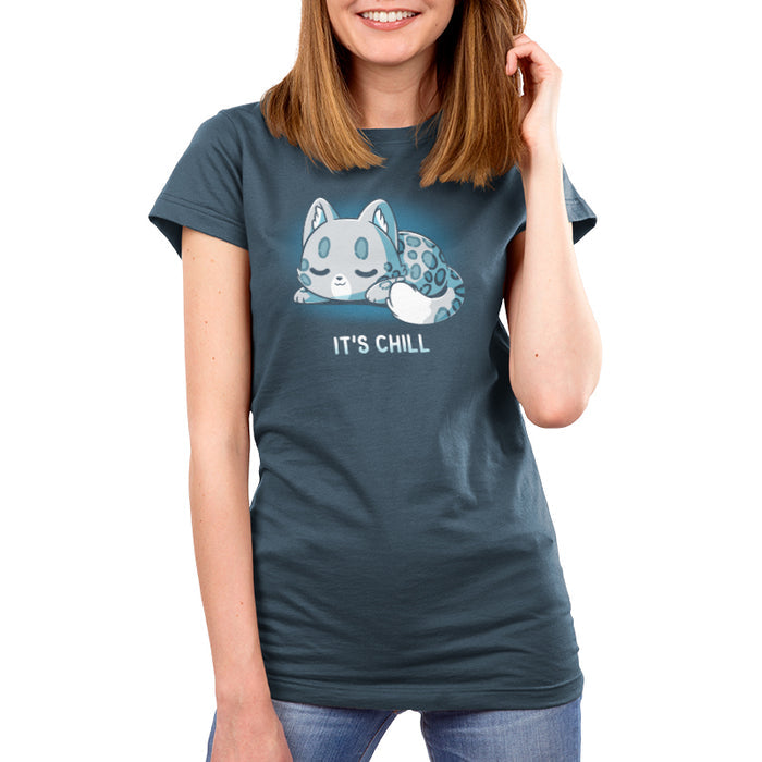 Premium Cotton T-shirt_TeeTurtle denim blue It's Chill apparel featuring a snow leopard curled up with its eyes closed.