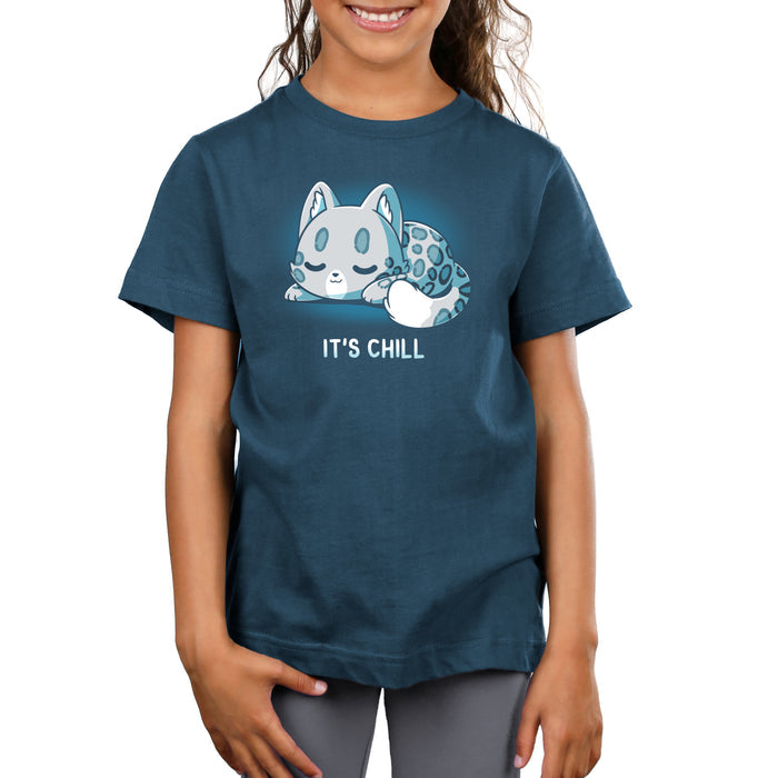 Premium Cotton T-shirt_TeeTurtle denim blue It's Chill apparel featuring a snow leopard curled up with its eyes closed.