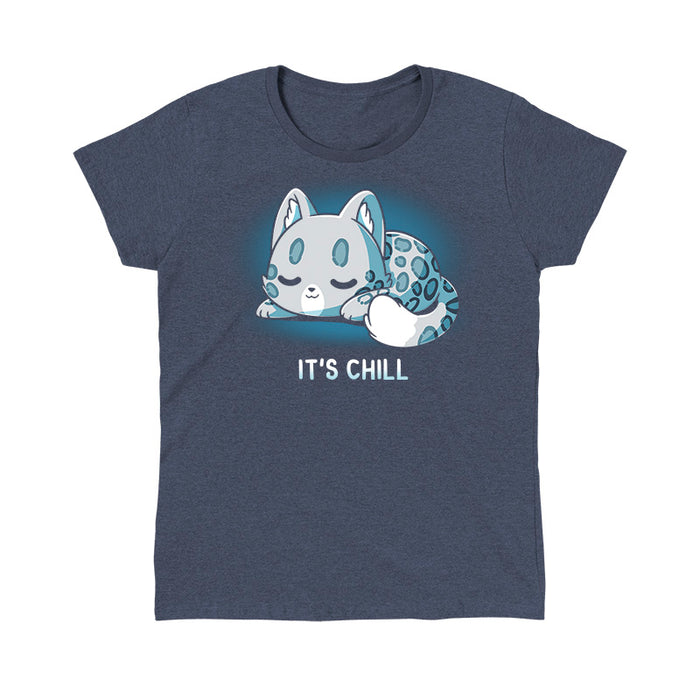 Classic Cotton T-shirt_TeeTurtle heather navy It's Chill apparel featuring a snow leopard curled up with its eyes closed.