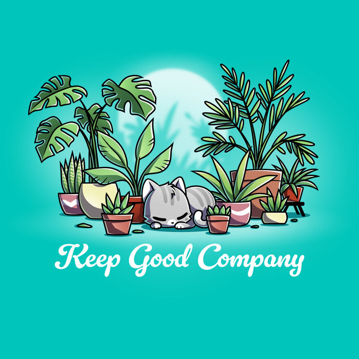 Premium Cotton T-shirt_TeeTurtle Caribbean blue Keep Good Company apparel featuring cat curled up among a lot of houseplants.