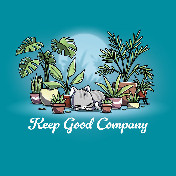 Classic Cotton T-shirt_TeeTurtle tropical blue Keep Good Company apparel featuring cat curled up among a lot of houseplants.