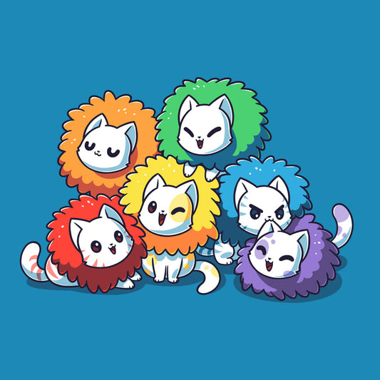 Premium Cotton T-shirt_TeeTurtle cobalt blue Kitten Pride apparel featuring white kittens with manes in different colors of the rainbow.