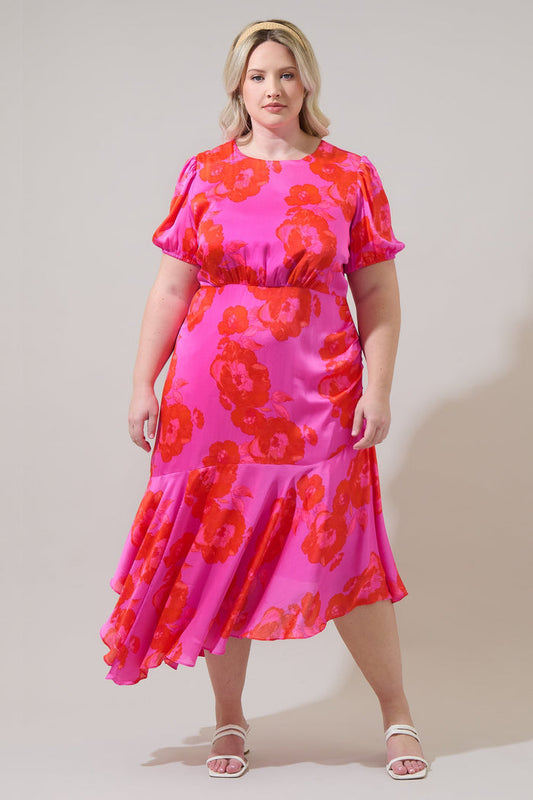 Lailah Floral Balboa Asymmetrical Midi Dress Curve