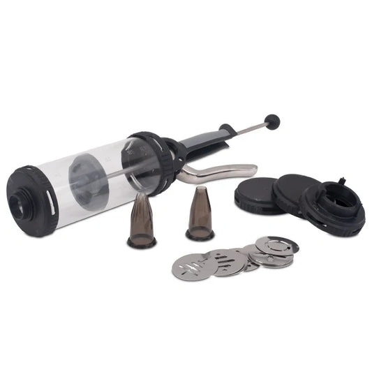 A pressure syringe with a clear container, metallic parts and black rubber components, alongside two nozzle attachments.