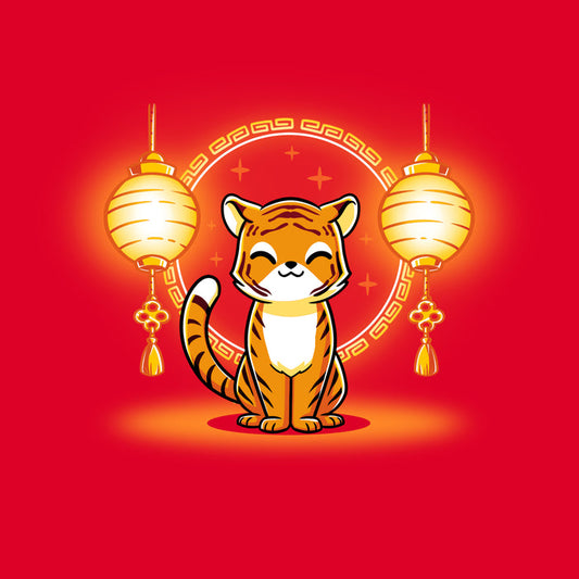 Premium Cotton T-shirt_Teeturtle Lunar New Year Tiger red apparel featuring a cute cartoon tiger sitting between a pair of Chinese New Year's paper lanterns.