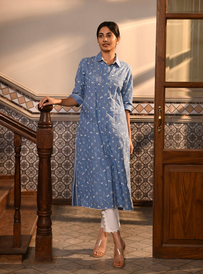 Mahin Supima Cotton Blue Kurta With High Side Slit Pant