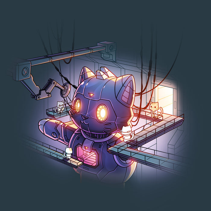 Premium Cotton T-shirt_TeeTurtle denim blue Mega Mech Cat apparel featuring a giant mech cat under construction with several cats in lab coats on the surrounding walkways.