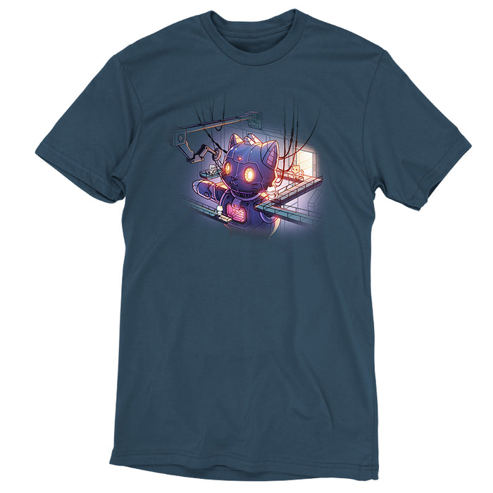 Premium Cotton T-shirt_TeeTurtle denim blue Mega Mech Cat apparel featuring a giant mech cat under construction with several cats in lab coats on the surrounding walkways.