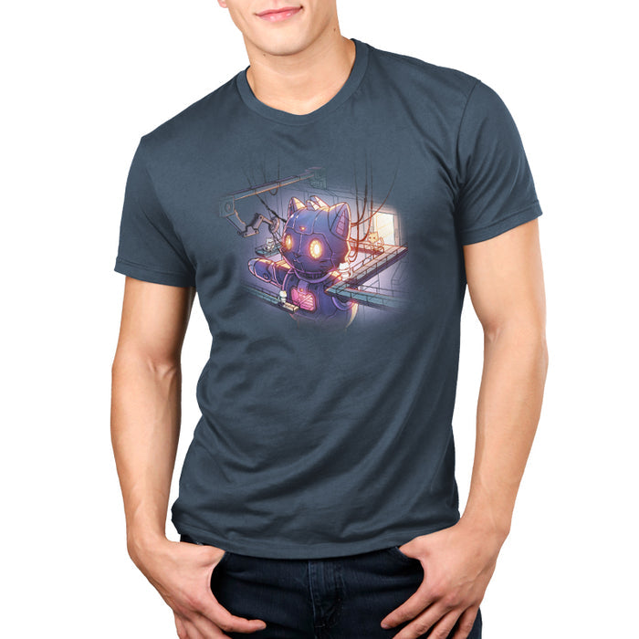 Premium Cotton T-shirt_TeeTurtle denim blue Mega Mech Cat apparel featuring a giant mech cat under construction with several cats in lab coats on the surrounding walkways.