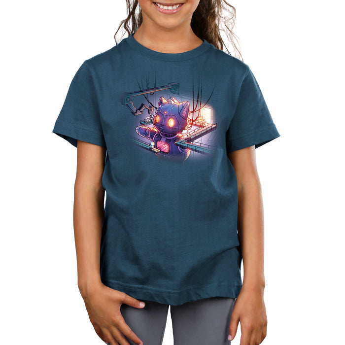 Premium Cotton T-shirt_TeeTurtle denim blue Mega Mech Cat apparel featuring a giant mech cat under construction with several cats in lab coats on the surrounding walkways.