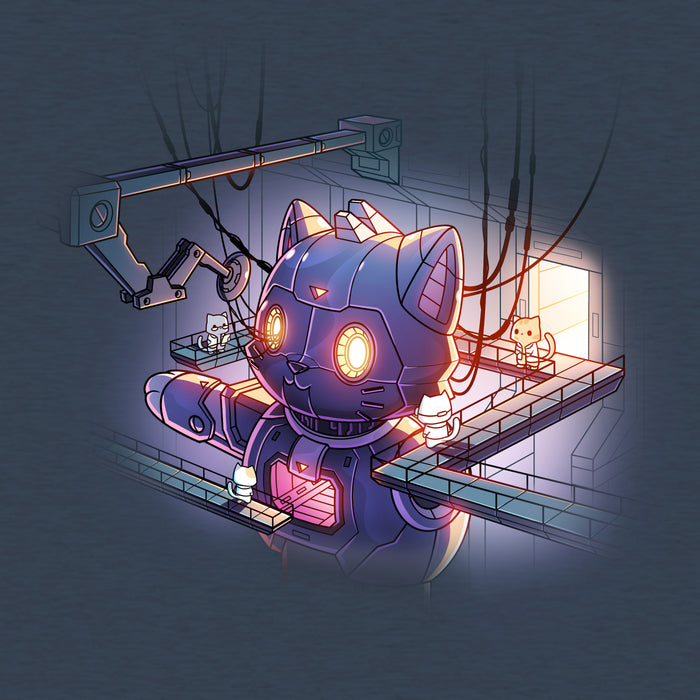 Classic Cotton T-shirt_TeeTurtle heather navy Mega Mech Cat apparel featuring a giant mech cat under construction with several cats in lab coats on the surrounding walkways.