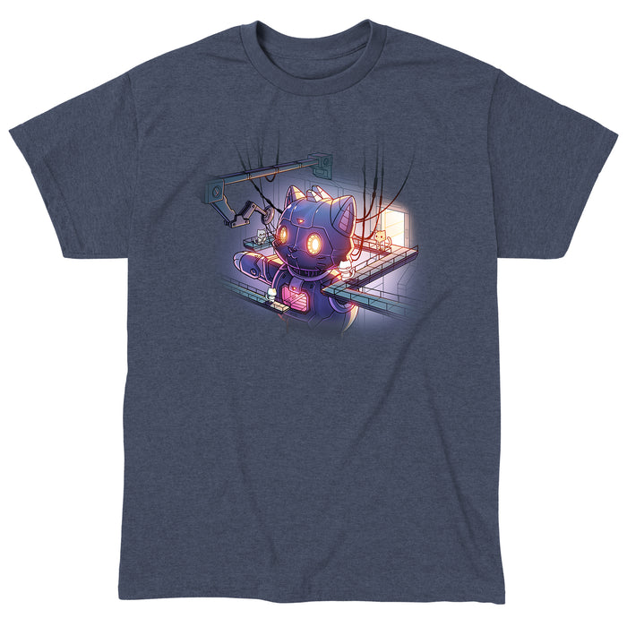 Classic Cotton T-shirt_TeeTurtle heather navy Mega Mech Cat apparel featuring a giant mech cat under construction with several cats in lab coats on the surrounding walkways.