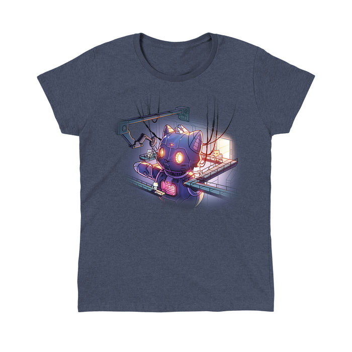 Classic Cotton T-shirt_TeeTurtle heather navy Mega Mech Cat apparel featuring a giant mech cat under construction with several cats in lab coats on the surrounding walkways.