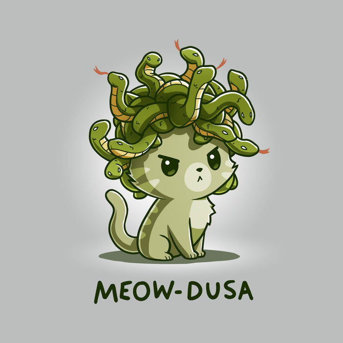 Men's Premium T-Shirt_TeeTurtle silver gray Meow-dusa apparel featuring a grumpy green cat with a nest of snakes coiled on its head, and the caption, "Meow-dusa".