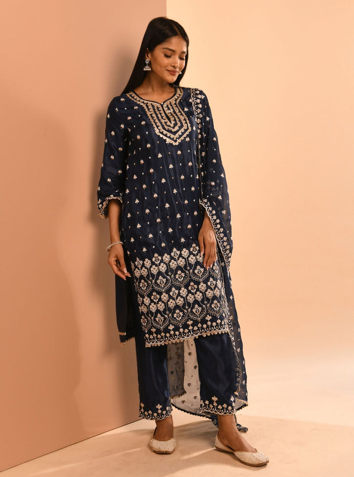 Mulmul Cupro Aarya Navy Kurta