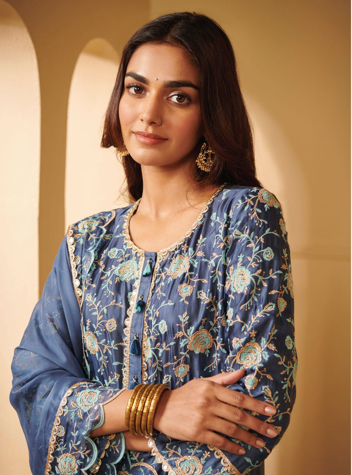 Mulmul Cupro Apti Blue Kurta